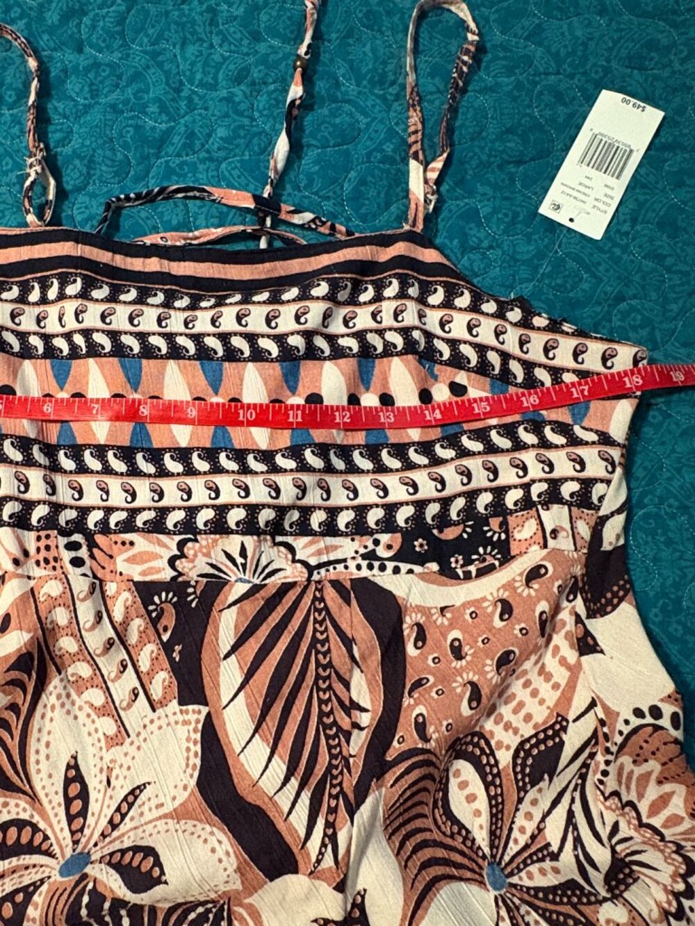Angie Printed Square Neckline Lace Up Back Spaghetti Straps Dress Size L. NWOT - Picture 5 of 6